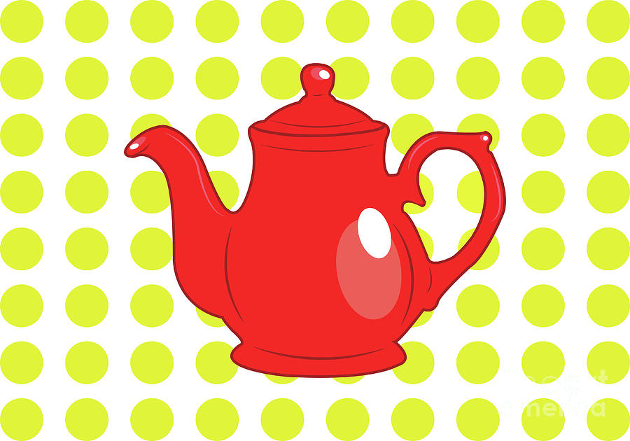 Cute red tea pot on yellow polka dot background Digital Art by Mendelex Photography