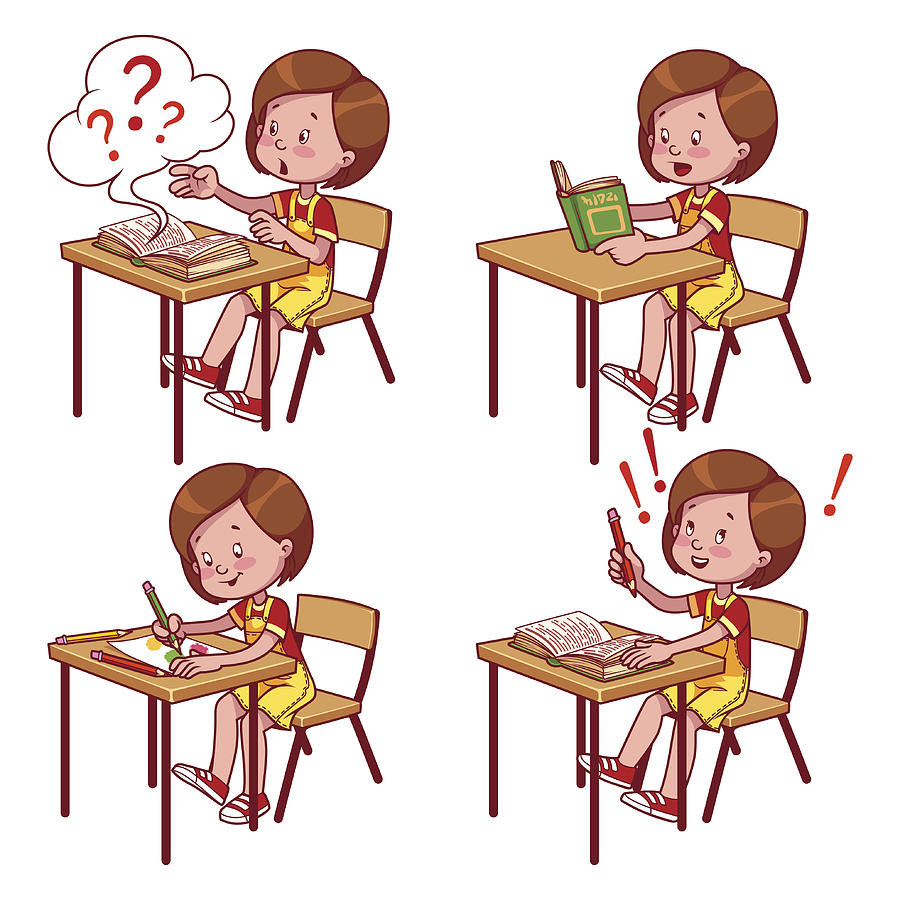 Cute schoolgirl behind a school desk Drawing by Tigrilla