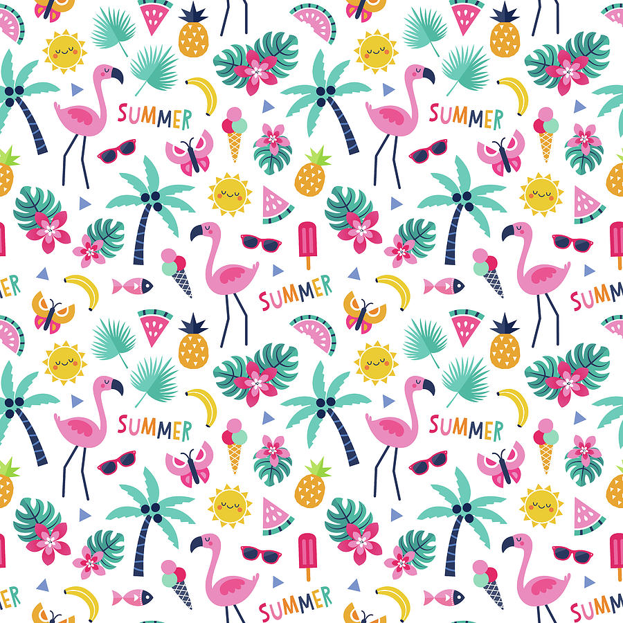 Flamingo Drawing - Cute seamless pattern with flamingos, tropical leaves, pineapples, flowers and palm trees in pink, yellow and blue.  by Julien