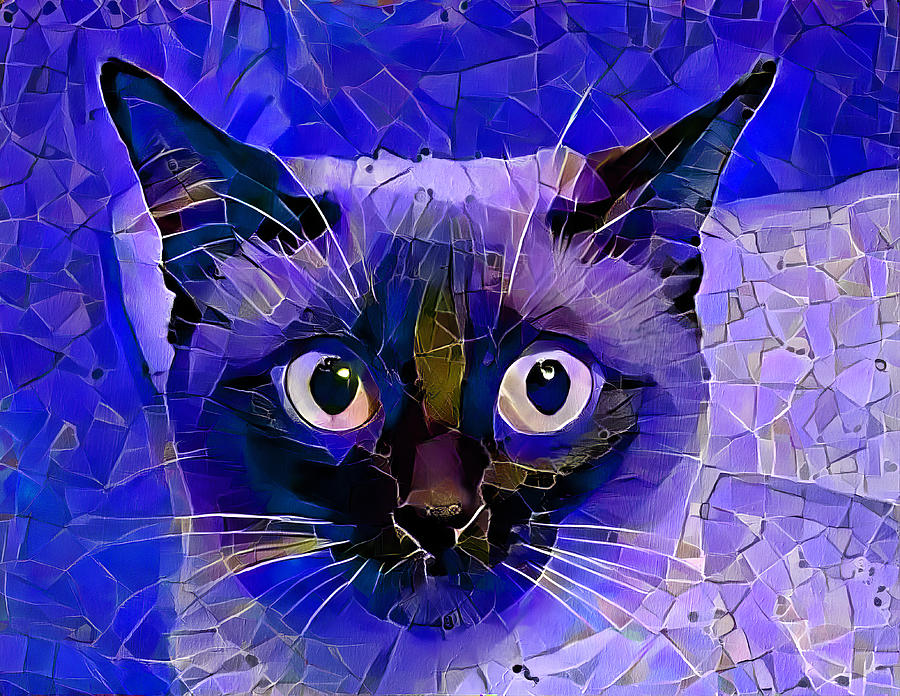 Cute Siamese cat head - blue irregular tiles mosaic effect Digital Art by Nicko Prints