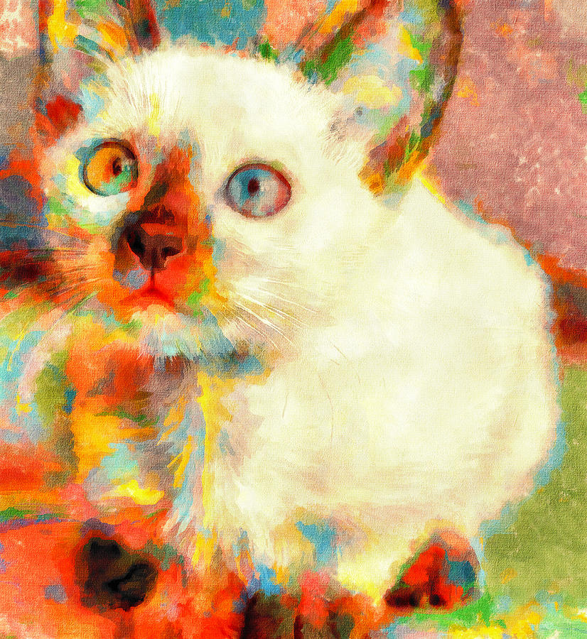 Cute Siamese kitten sitting - colorful painting Digital Art by Nicko Prints