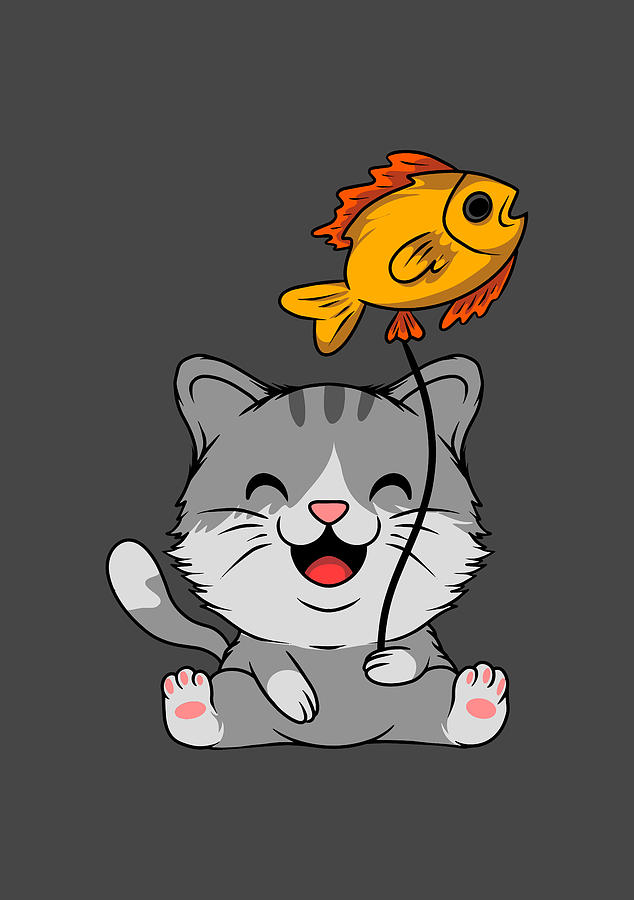 Cute Smiling Cat Holding A Fish Baloon Digital Art by Sambel Pedes