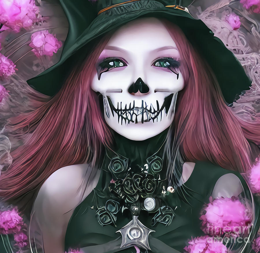 Cute Smiling Witch Surrounded By Pink Flowers Digital Art