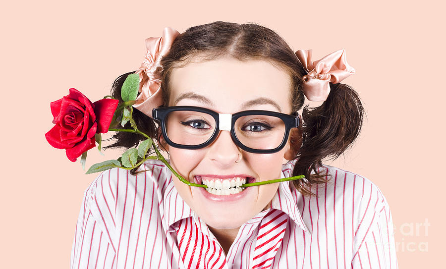 Cute Smiling Woman Wearing Nerd Glasses With Rose Photograph by Jorgo Photography