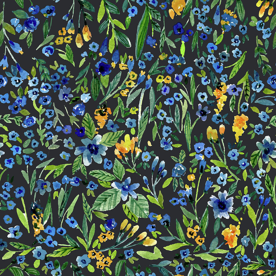 Abstract Colorful Floral Pattern, Multicolor Flowers On Dark Blue