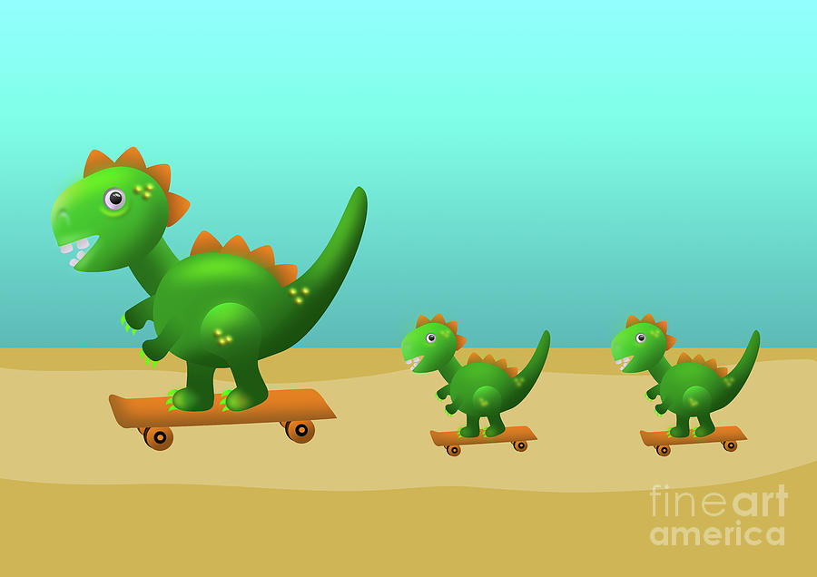 Cute T Rex Dinosaur Family on Skateboards at the Beach Digital Art by  Barefoot Bodeez Art - Fine Art America