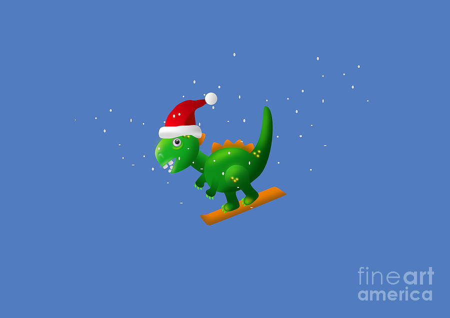 Cute T Rex Dinosaur in Santa Hat Snowboarding at Christmas Digital Art by Barefoot Bodeez Art