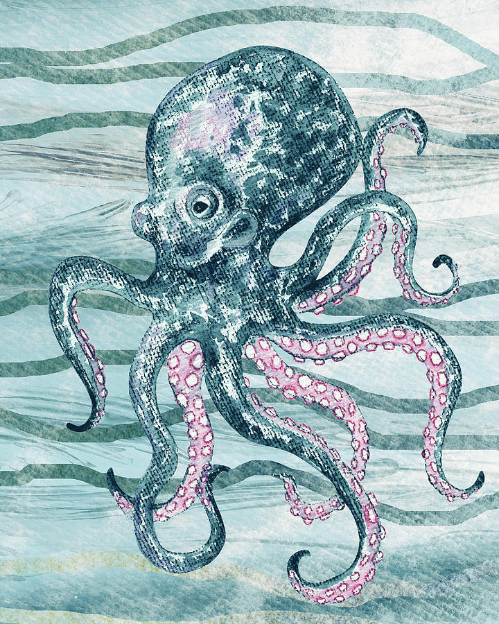 Cute Teal Blue Watercolor Octopus On Calm Wave Beach Art Painting by Irina Sztukowski