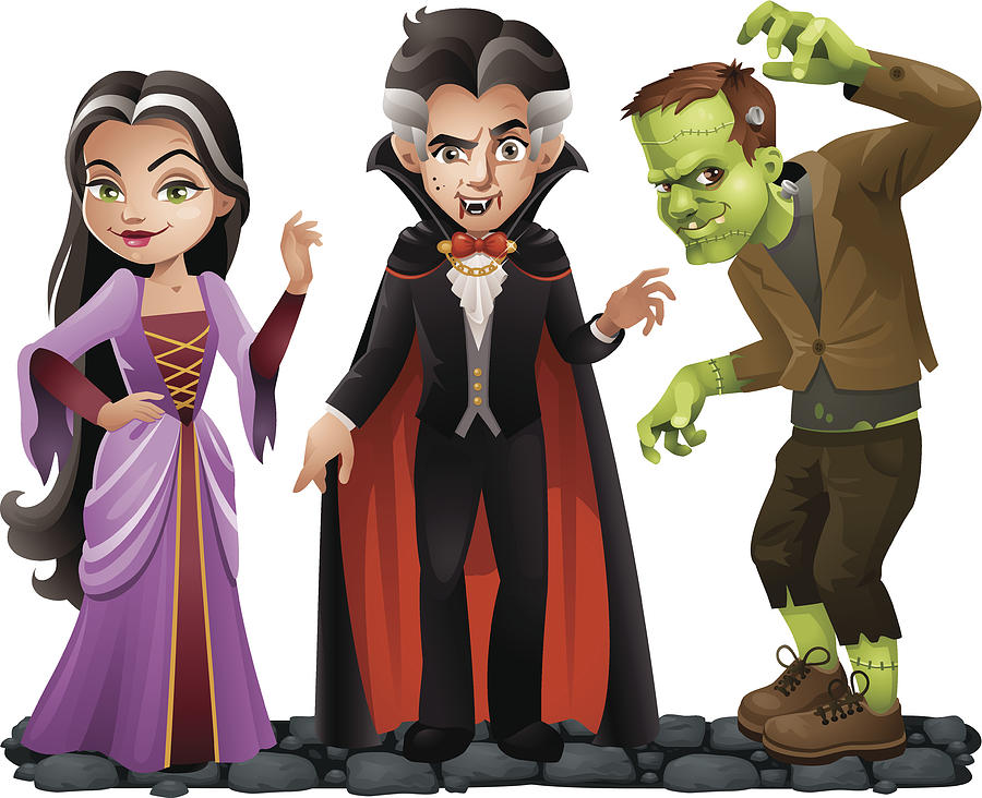 Cute Vector Halloween Characters: Vampire Lady, Dracula and Frankensteins Monster Drawing by AnjaRabenstein