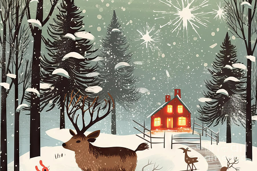 Winter Painting - Cute Vector Illustration Of An Animal Deer Decorating A Christma by N Akkash