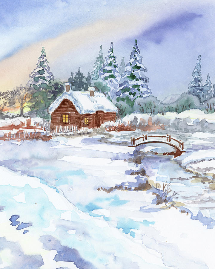Cute Village Snow Bridge Creek Watercolor Landscape  Painting by Irina Sztukowski