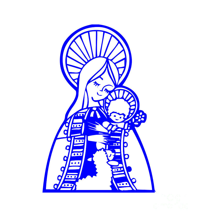 Cute Virgin Mary with Baby Jesus Symbol in Blue Digital Art by Rose Santuci-Sofranko