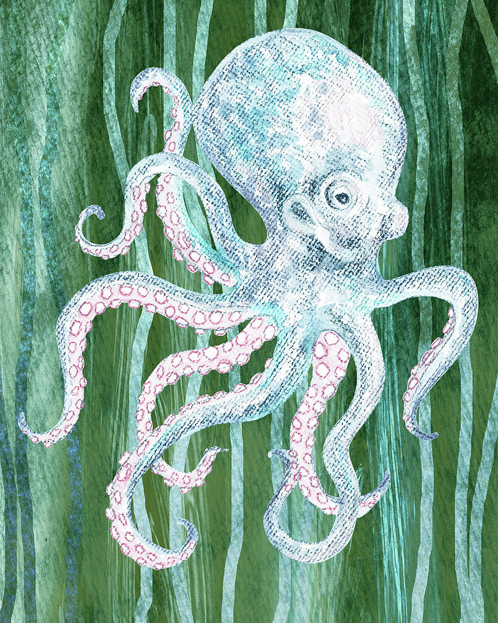 Cute Watercolor Octopus In Green Seaweed Wave Beach Art Painting by Irina Sztukowski