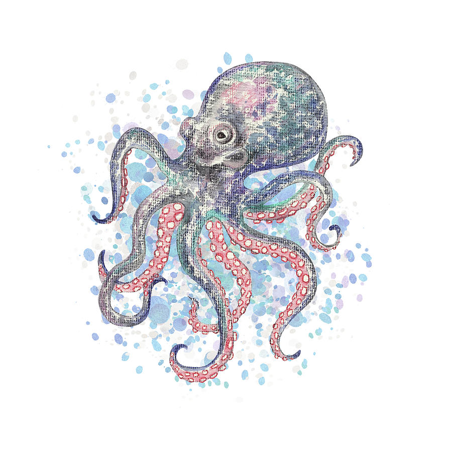 Cute Watercolor Octopus On A Splash Of Teal Blue Water Beach Art Painting by Irina Sztukowski