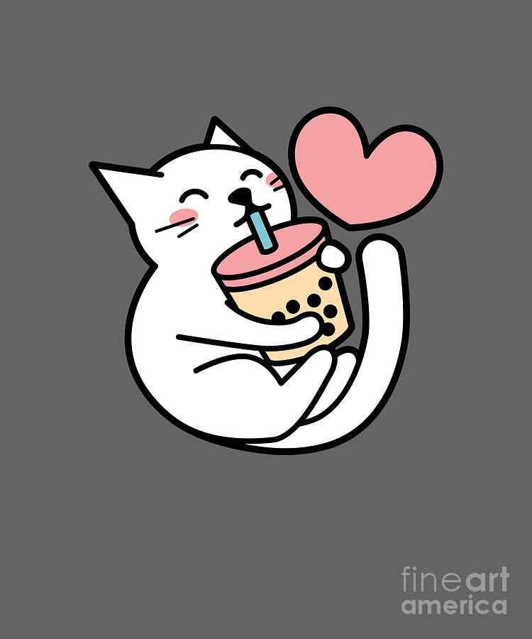 Cute White Cat Sipping Bubble Tea Kawaii Boba Tapestry - Textile by Han ...