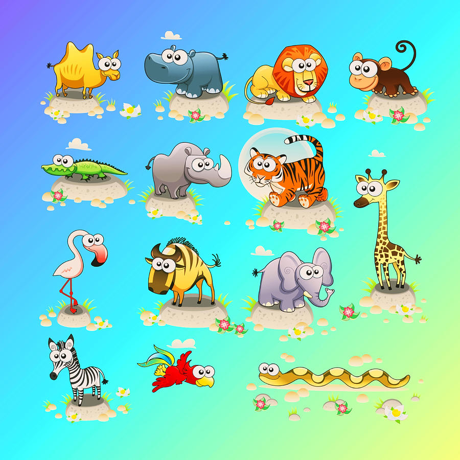 Cute Wild Cartoon Animals Poster stars Painting by Hannah Sebastian ...