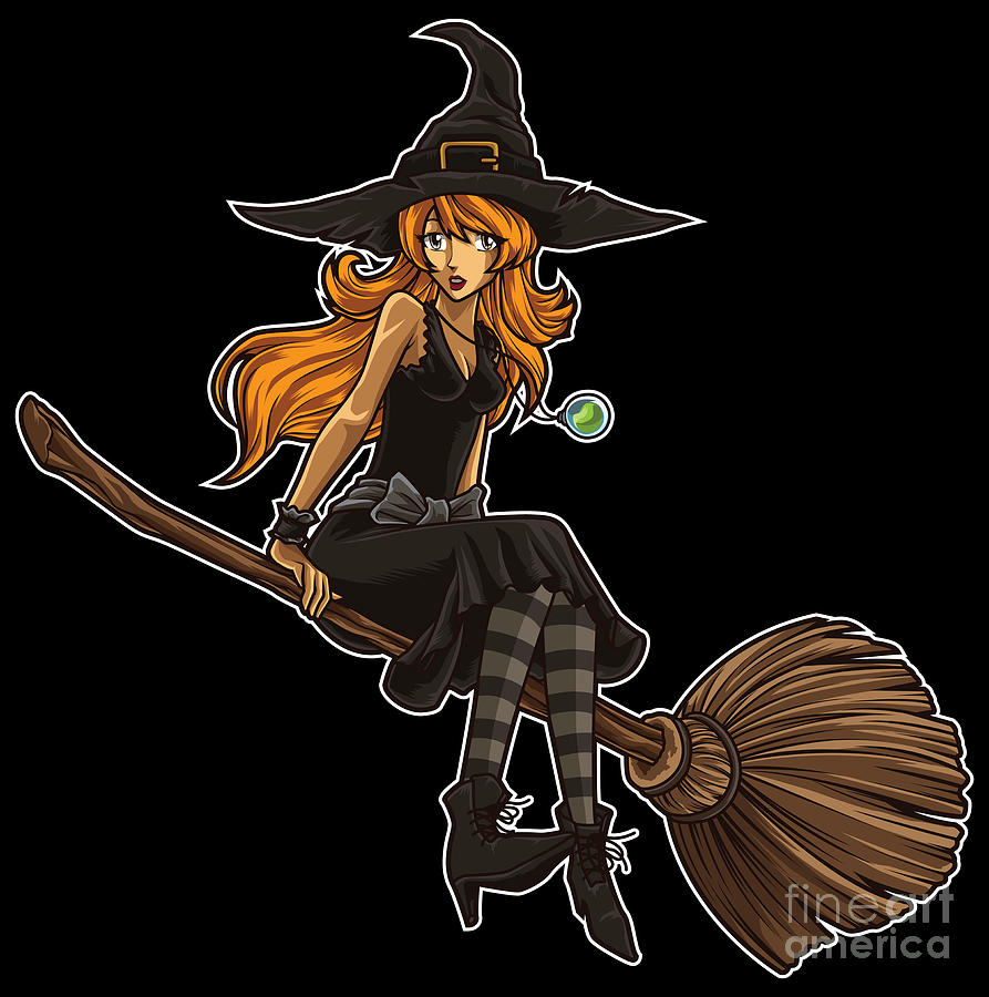 Cute Witch Sits On Her Broom Halloween Digital Art by Mister Tee.