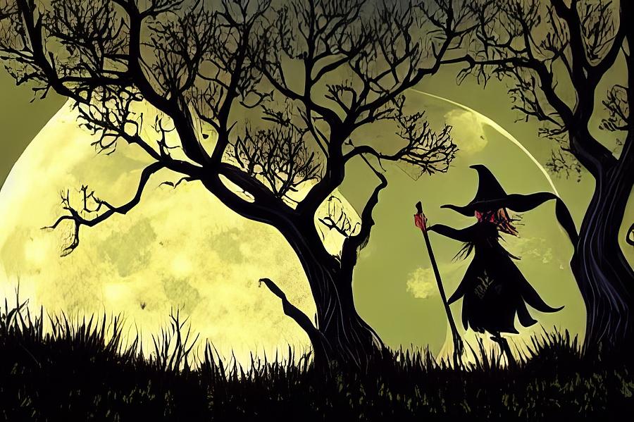 Cute witch with broom in haunted forest in front of full moon Digital Art by Karen Foley