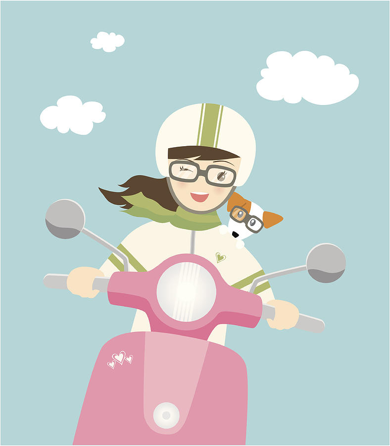 Cute young woman on scooter with dog Drawing by Gollykim