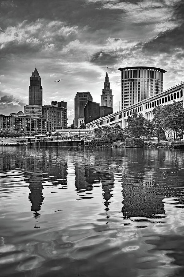 Black And White Photograph - Cuyahoga River BW Skyline Sunrise - Cleveland Ohio by Gregory Ballos