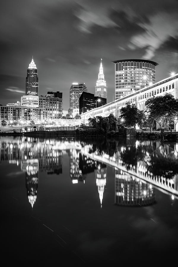 Cuyahoga River Skyline View Of Cleveland Ohio - Black And White Photograph by Gregory Ballos