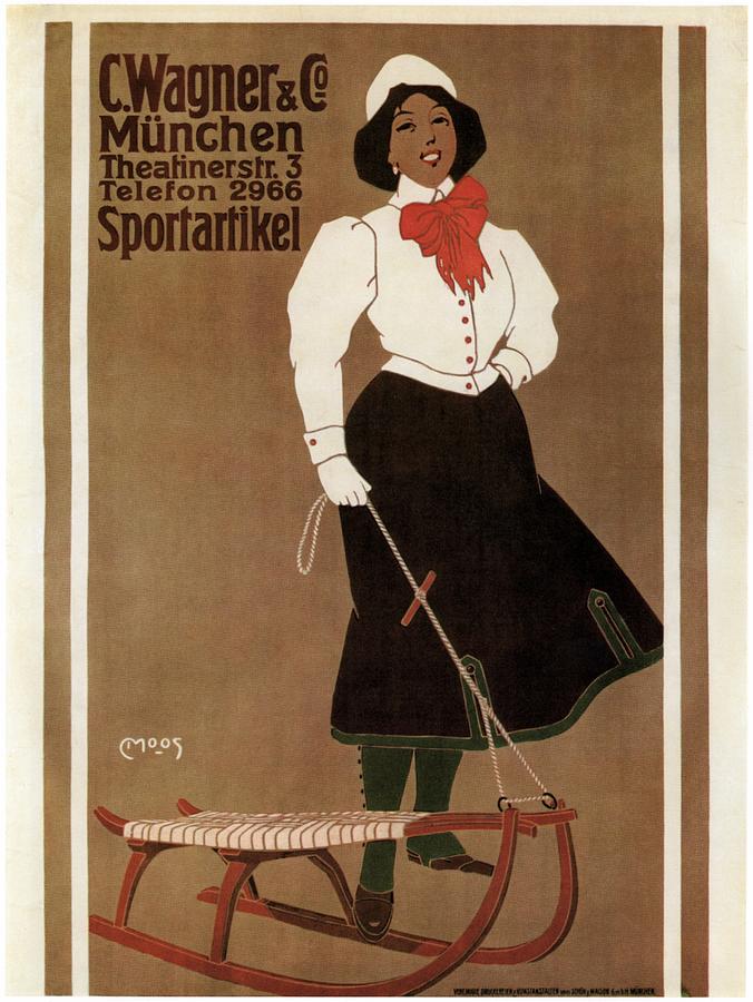 Typography Digital Art - C.Wagner And Co Munchen Sportartikel - Woman Holding A sledge - Vintage Advertising Poster by Studio Grafiikka