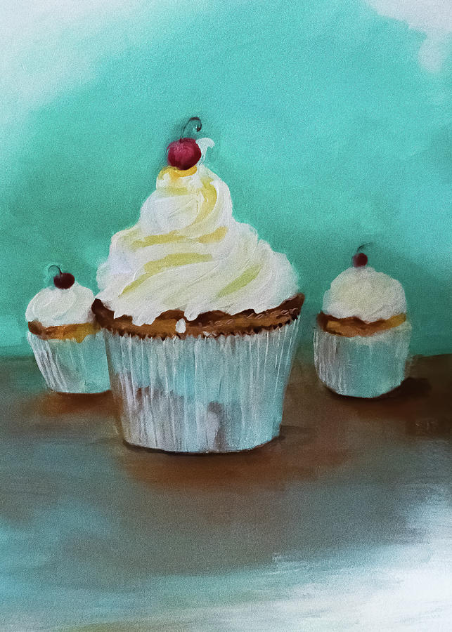 Cyan Cupcake With A Swirly Cherry Painting by Lisa Kaiser