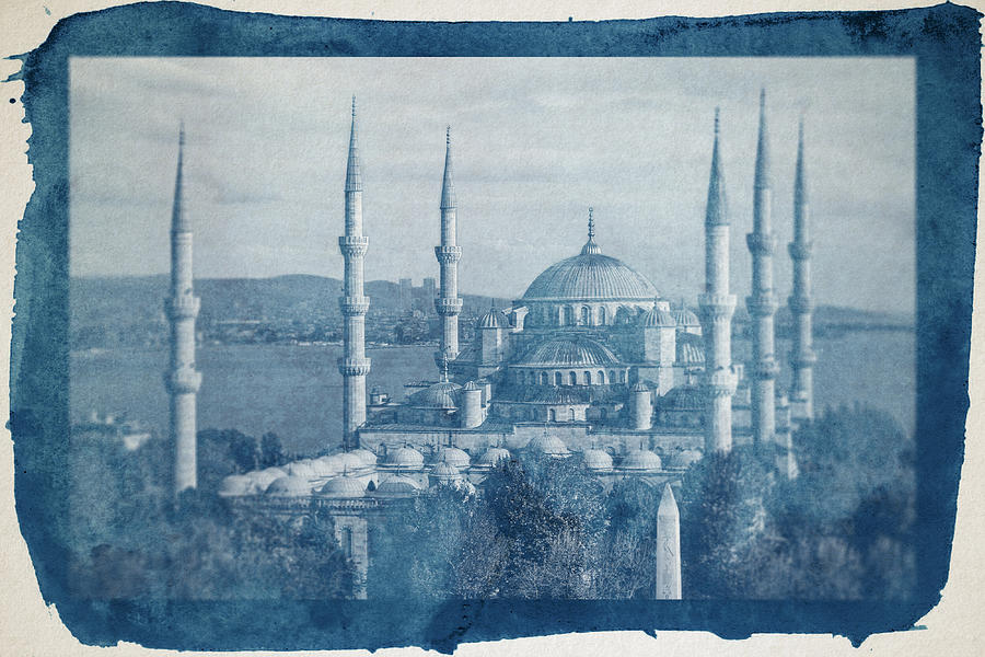 Cyanotype Photo of  Blue Mosque in Istanbul Turkey 3 by Ahmet Asar Digital Art by Celestial Images