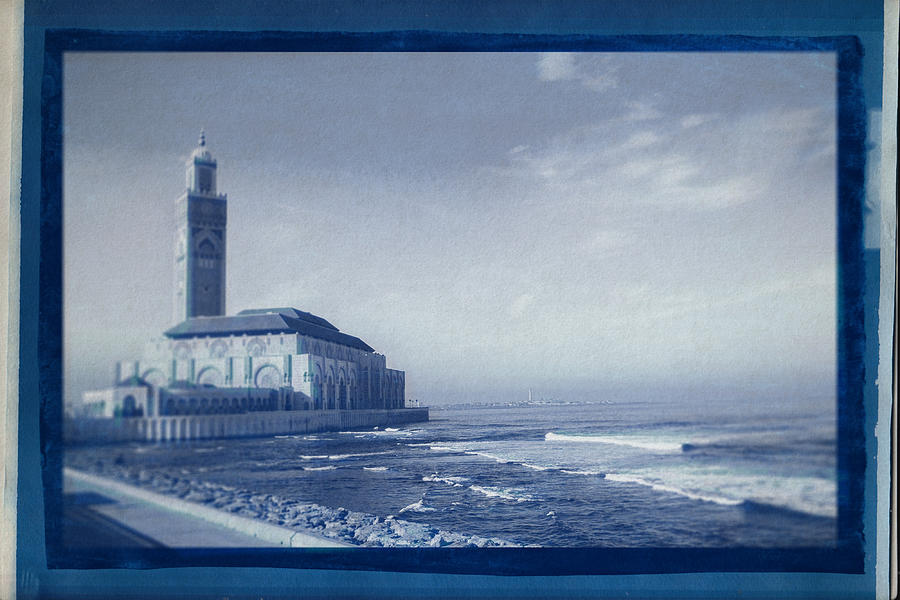 Cyanotype Photo of  Casablanca Mosque Sea Morocco by Ahmet Asar Digital Art by Celestial Images