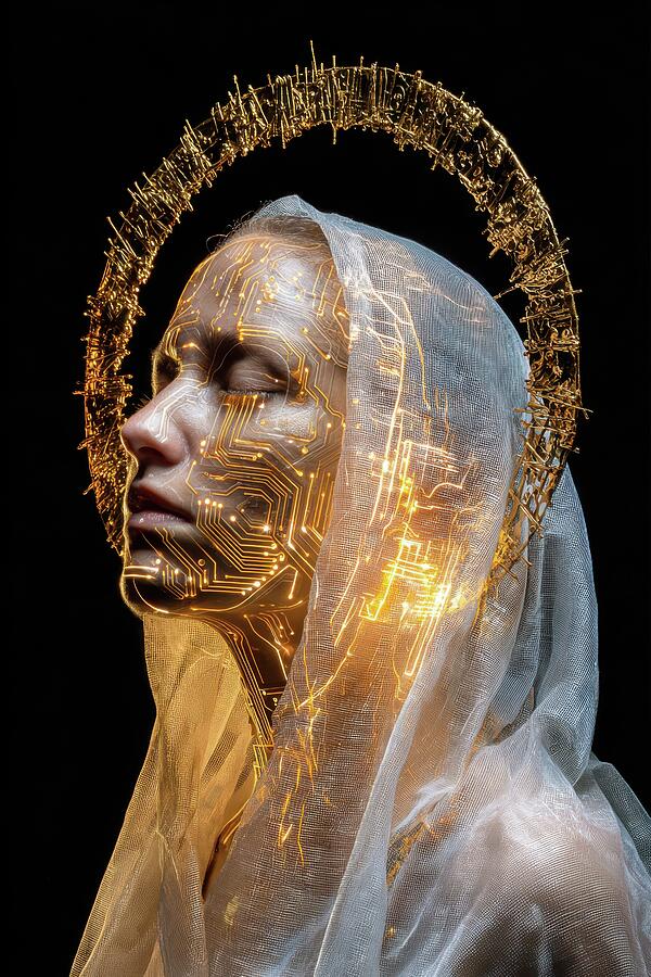 Cybernetic Female Saint with Gold Circuit Halo Digital Art by Matthias Hauser Cybernetic Female Saint with Gold Circuit Halo Digital Art by Matthias Hauser