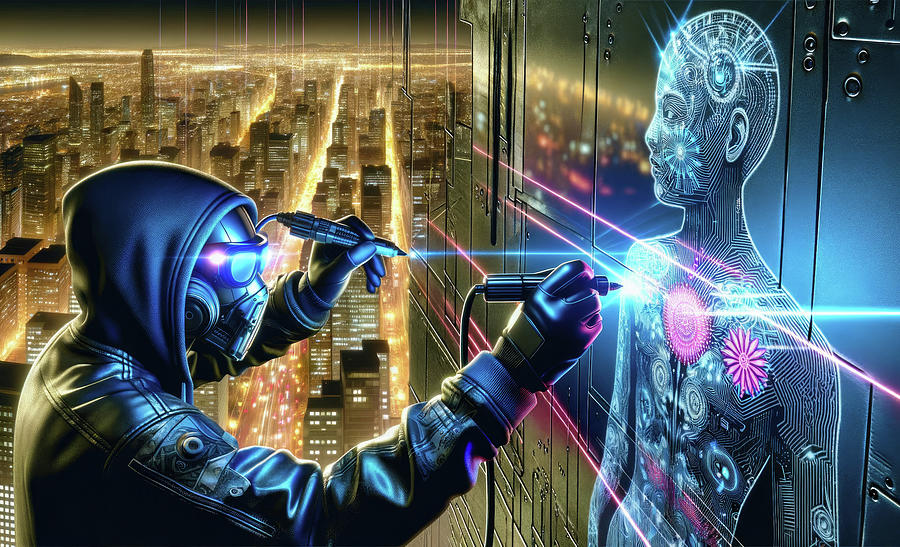 Cyberpunk Artist 01 Blue and Gold Digital Art by Matthias Hauser