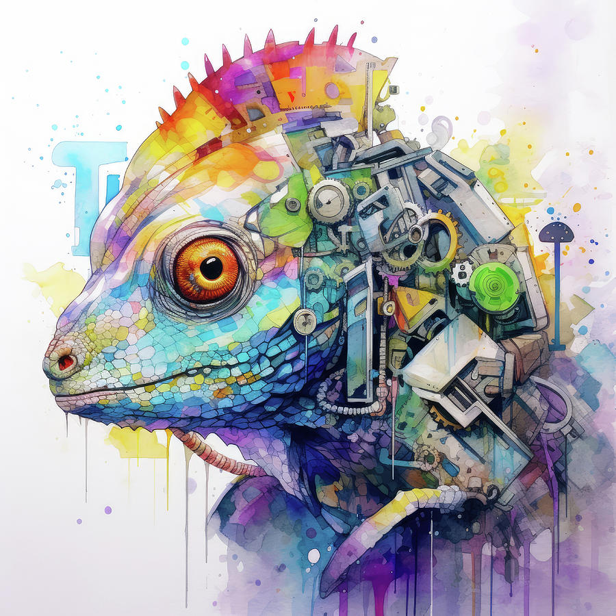 Cyberpunk Chameleon Watercolor Animal 109 Digital Art by Matthias Hauser