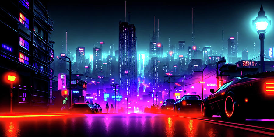 Cyberpunk Cityscape At Night Busy Street Digital Art by Ravadineum ...