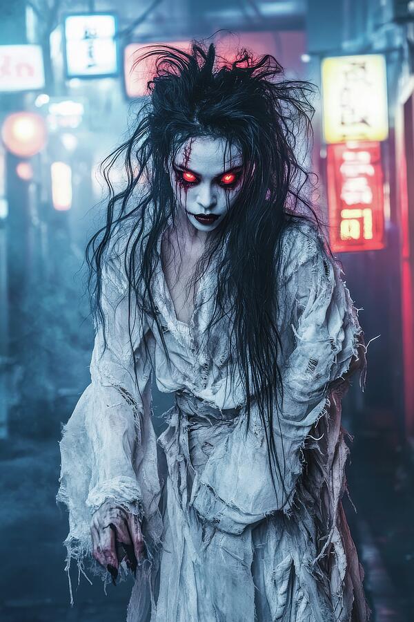 Cyberpunk Ghost Woman with Glowing Red Eyes - Neon Nightmare Digital Art by Matthias Hauser Cyberpunk Ghost Woman with Glowing Red Eyes - Neon Nightmare Digital Art by Matthias Hauser