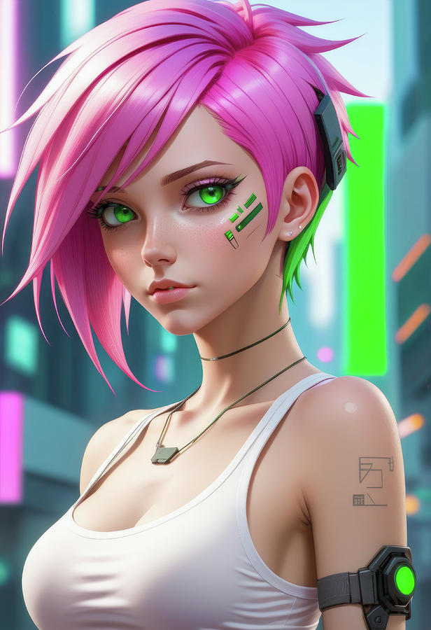 Cyberpunk Girl 02 Pink Hair Green Eyes Digital Art by Matthias Hauser
