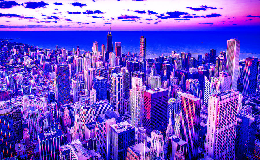Cyberpunk Neon, Cityscape - Skyline - Urban -  Chicago 11 Digital Art
