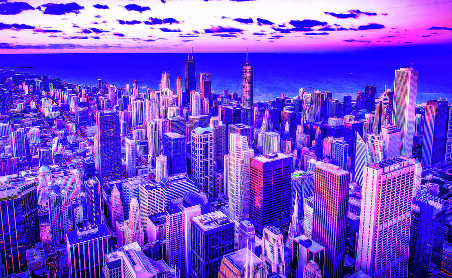 Cyberpunk Neon, Cityscape - Skyline - Urban -  Chicago 9 Digital Art