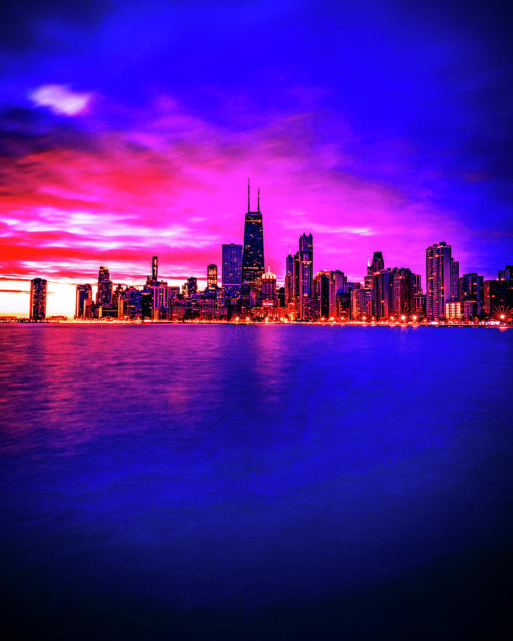 Cyberpunk Neon, Cityscape - Skyline - Urban -  Chicago, United States 2 Painting