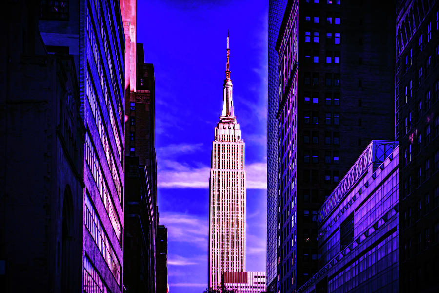 CyberPunk Neon, Cityscape - skyline - Urban -  Empire state building in city Painting by Celestial Images