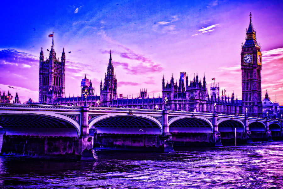 Cyberpunk Neon, Cityscape - Skyline - Urban -  London Parliament Big Ben England Painting