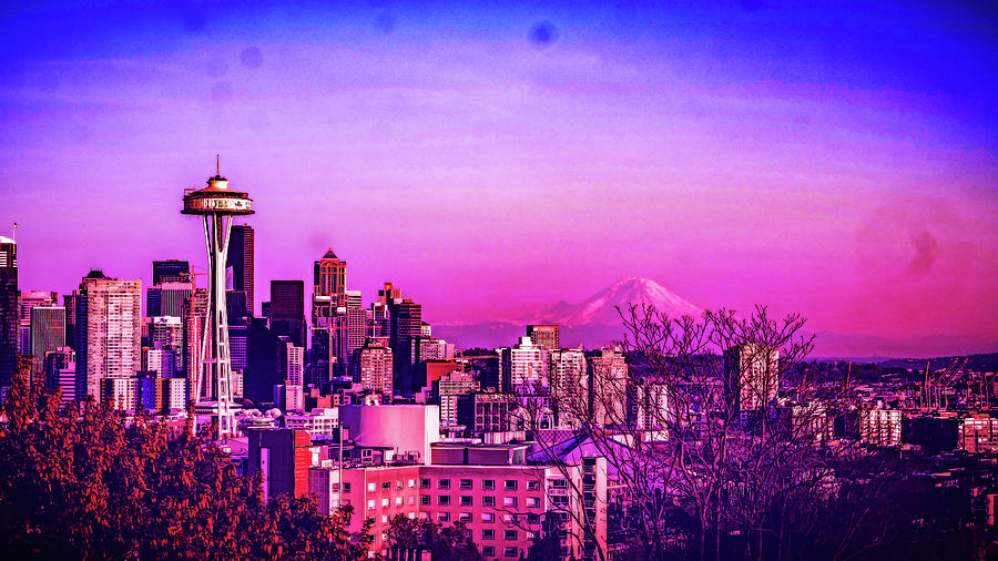 Cyberpunk Neon, Cityscape - Skyline - Urban -  Seattle Painting