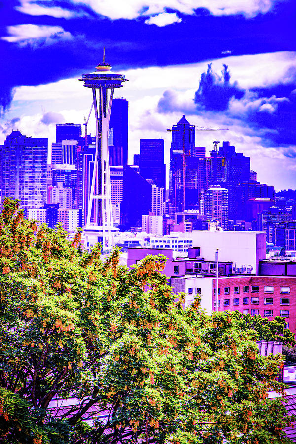 Cyberpunk Neon, Cityscape - Skyline - Urban -  Seattle Skyline, United States 6 Painting