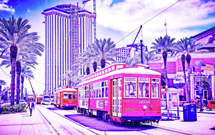 CyberPunk Neon, Cityscape - skyline - Urban -  Streetcars. New Orleans Painting by Celestial Images