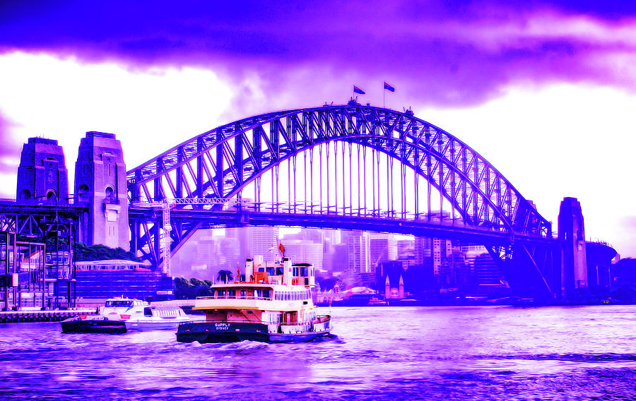 Cyberpunk Neon, Cityscape - Skyline - Urban -  The Sydney Harbour Bridge Digital Art