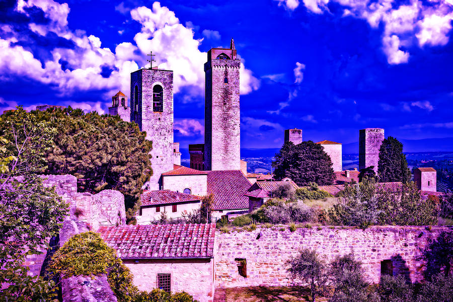 CyberPunk Neon, Cityscape - skyline - Urban -  The Towers of San Gimignano Italy Painting by Celestial Images