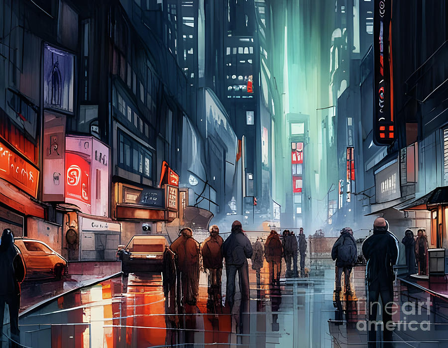 Cyberpunk Night City Street Painting