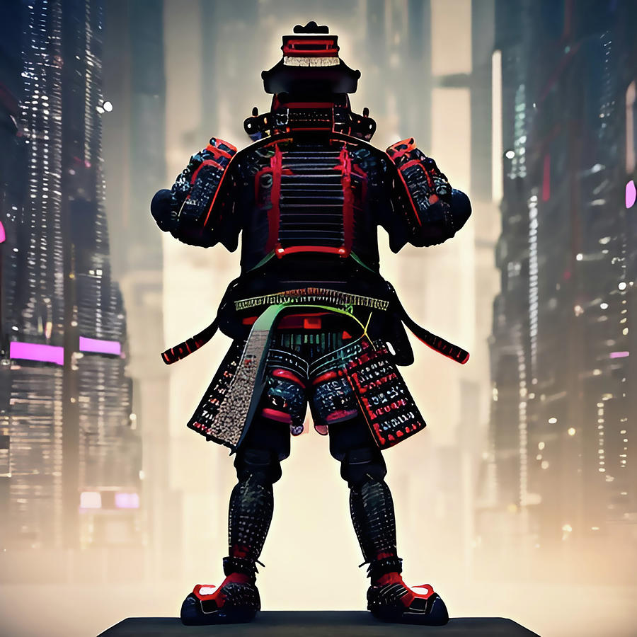 Cyberpunk Samurai Warrior In City Lights Background Digital Art By Alessandro Della Torre Fine 4197