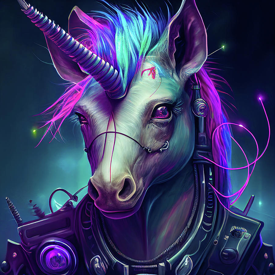 Cyberpunk Unicorn Portrait 01 Digital Art by Matthias Hauser