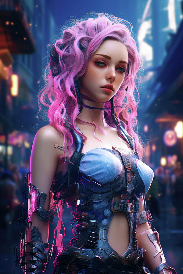 Cyberpunk Woman with long pink hair 02 Digital Art by Matthias Hauser