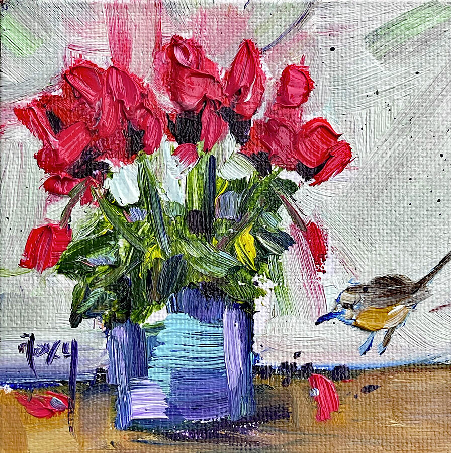 Cyclamen and a Wren Painting by Roxy Rich